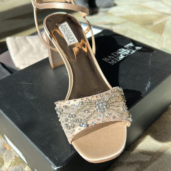 Badgley Mischka Blaine Embellished Block Heel Latte Satin - Picture 3 of 13